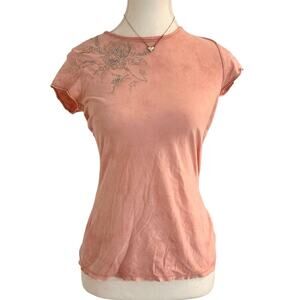 Pink Vintage Expres Fitted Full Length Baby Tee 100% Cotton Floral Detail Size M